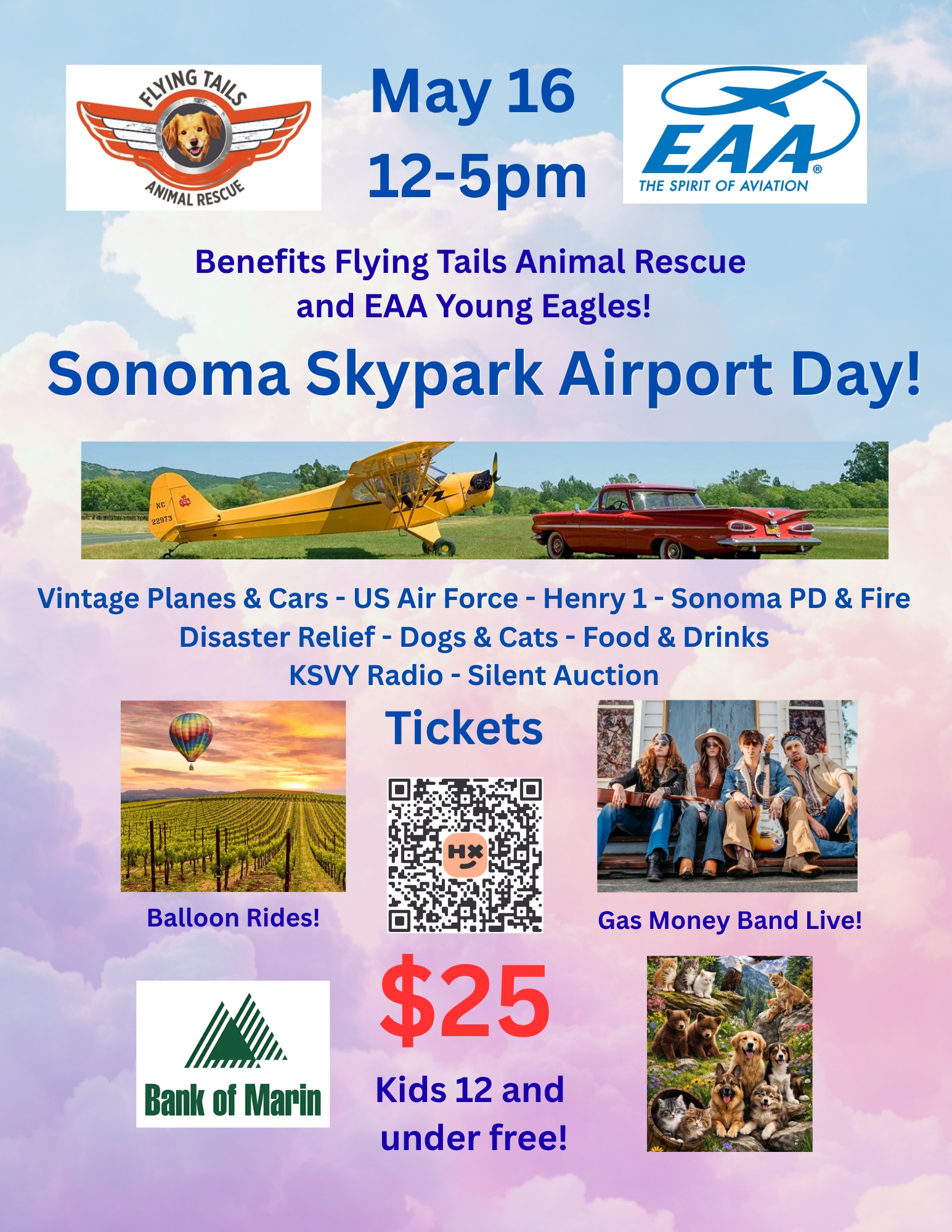Poster for the flying tails fundraiser being held may 16, 12–5 pm, at Sonoma skypark.